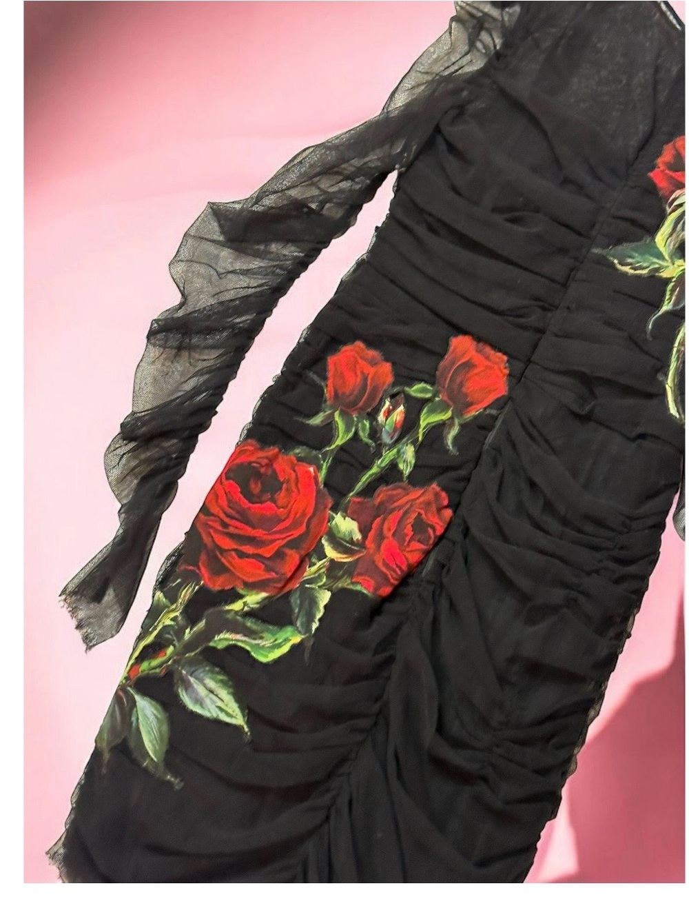 Dolce & Gabbana Black Sheer Ruched Dress with Red Rose Embroidery - Picture 4 of 6